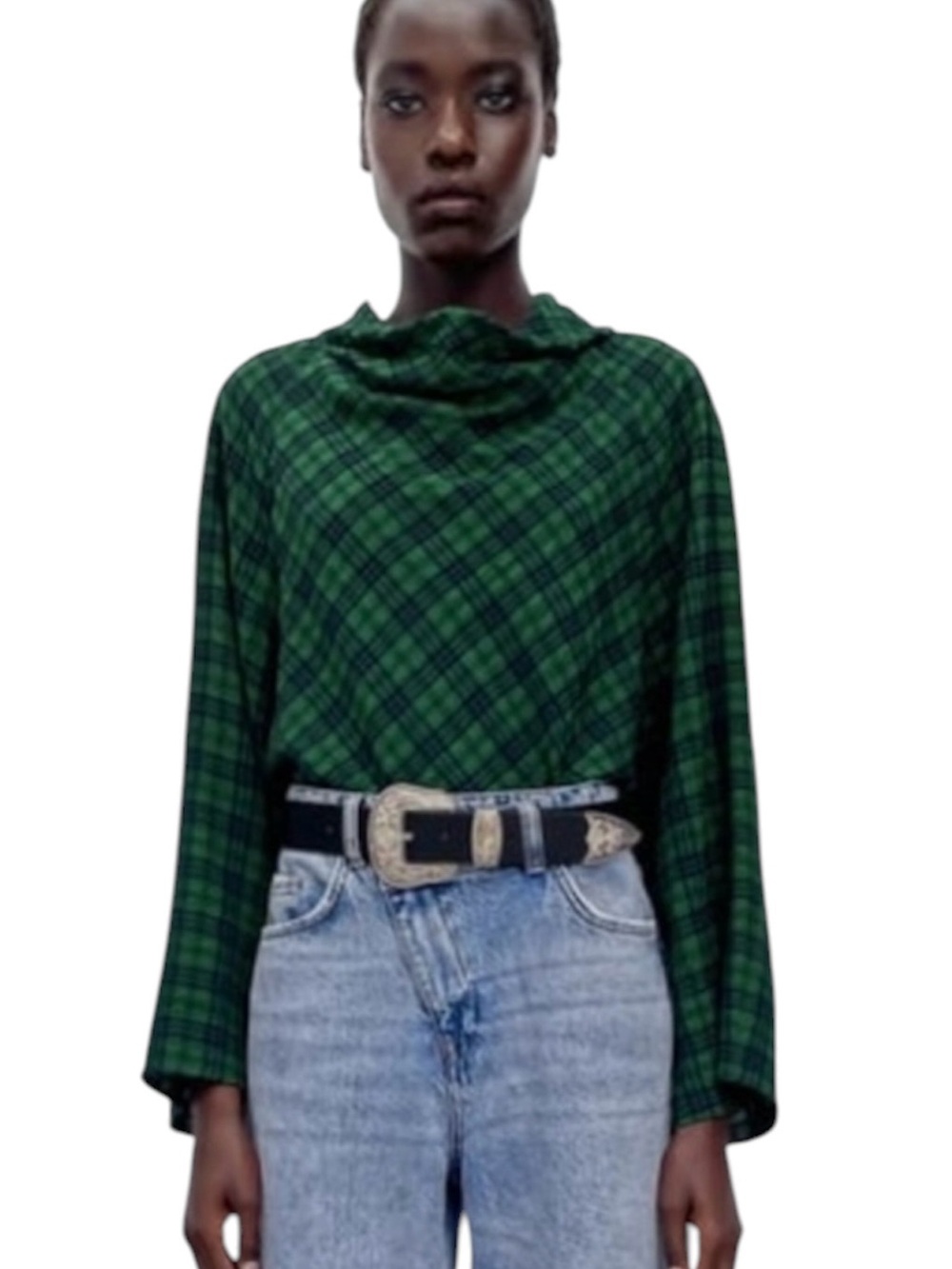 Zara Blue Green Plaid Drape Neck Blouse Shirt Top Preppy Lightweight S